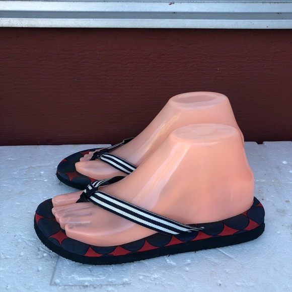J Crew Black and Red Flip Flops with Striped Straps Shoes Size 7 - Picture 1 of 12